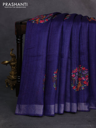 Navy Blue Pure Tussar Silk - Embroidery