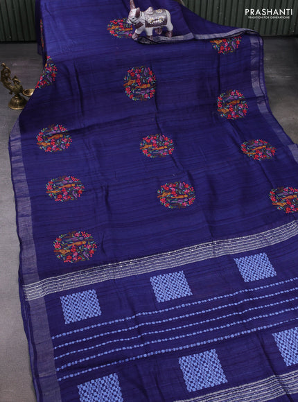 Navy Blue Pure Tussar Silk - Embroidery