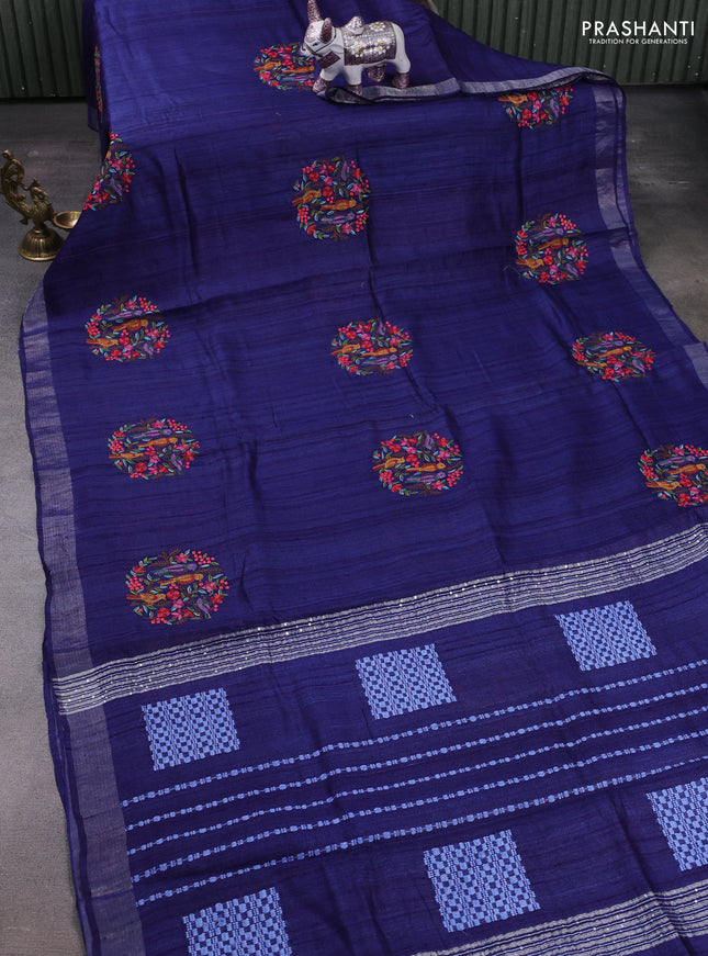 Navy Blue Pure Tussar Silk - Embroidery