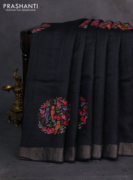 Black Pure Tussar Silk - Embroidery