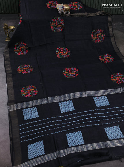 Black Pure Tussar Silk - Embroidery