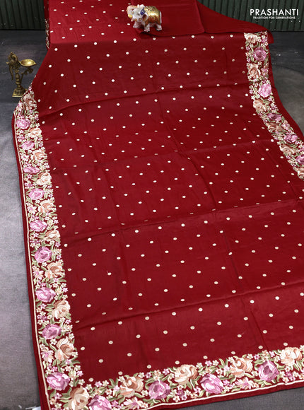 Red Pure Tussar Silk - Embroidery
