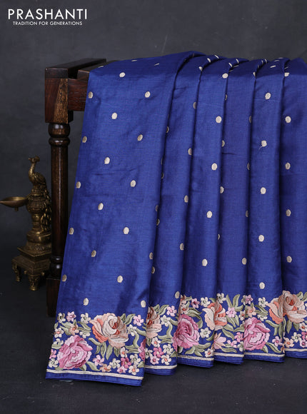 Blue Pure Tussar Silk - Embroidery