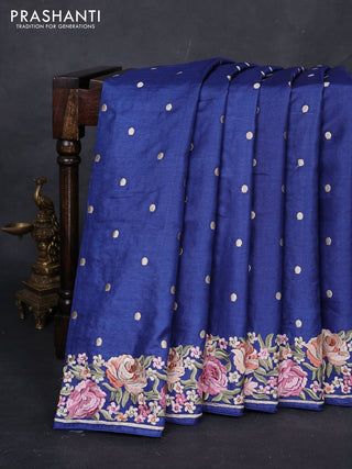 Blue Pure Tussar Silk - Embroidery