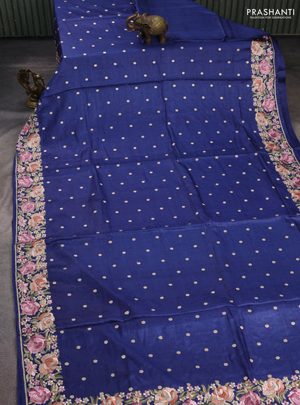 Blue Pure Tussar Silk - Embroidery