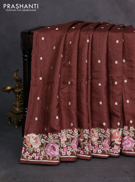 Brown Pure Tussar Silk - Embroidery