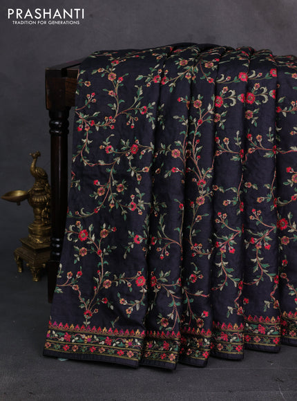 Black Pure Tussar Silk - Embroidery