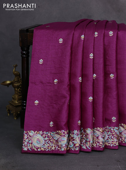 Wine Pure Tussar Silk - Embroidery