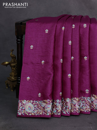 Wine Pure Tussar Silk - Embroidery