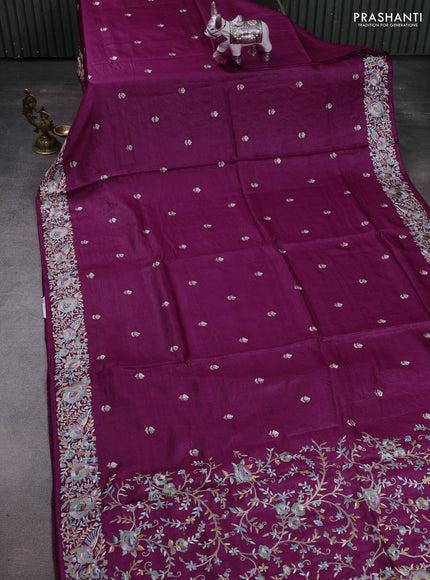 Wine Pure Tussar Silk - Embroidery