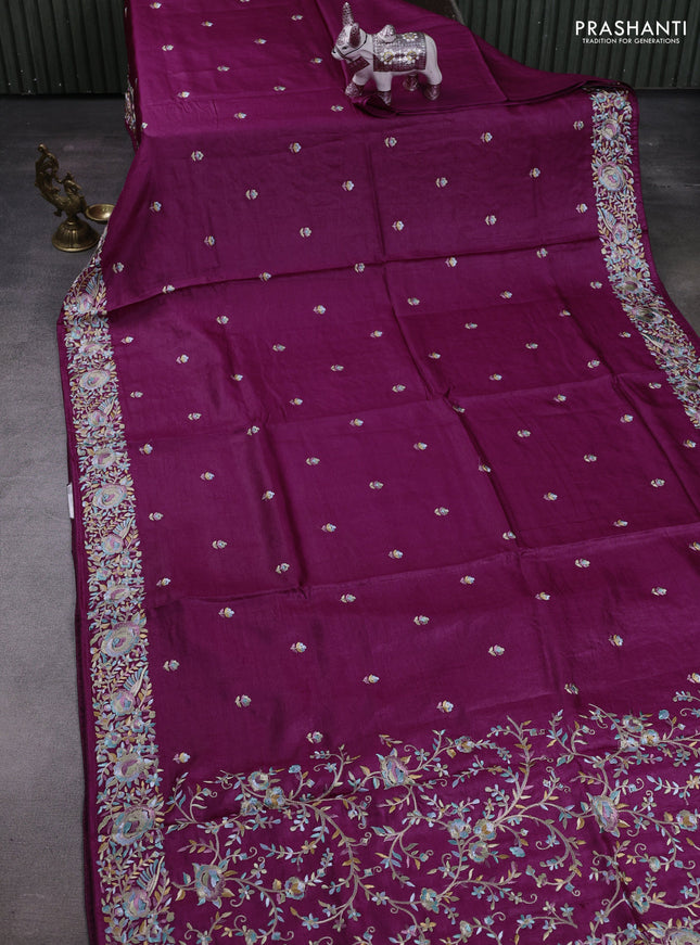 Wine Pure Tussar Silk - Embroidery