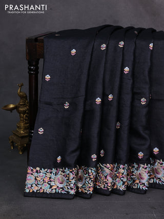 Black Pure Tussar Silk - Embroidery