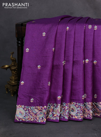 Purple Pure Tussar Silk - Embroidery
