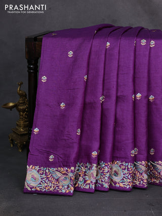 Purple Pure Tussar Silk - Embroidery