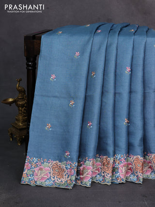 Pastel Blue Pure Tussar Silk - Embroidery