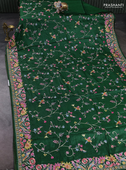 Green Pure Tussar Silk - Embroidery