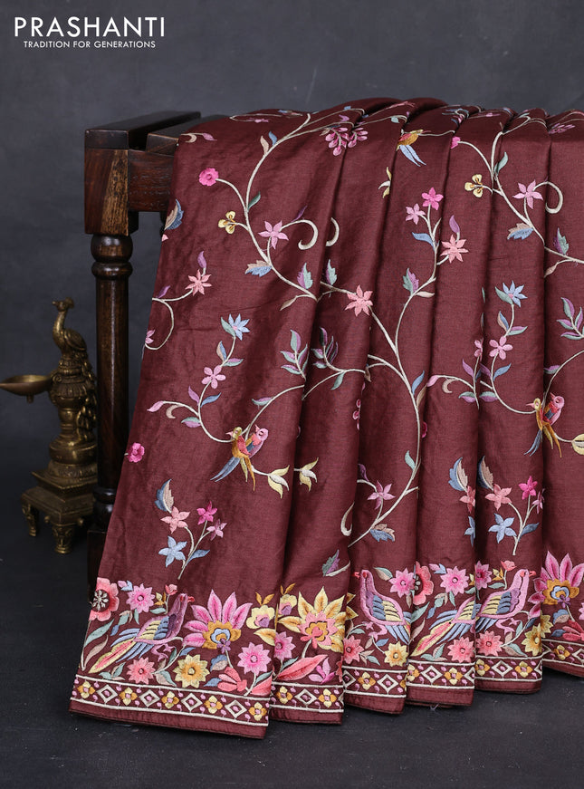 Brown Pure Tussar Silk - Embroidery