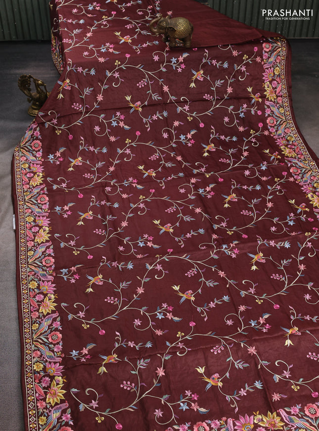 Brown Pure Tussar Silk - Embroidery