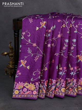 Purple Pure Tussar Silk - Embroidery