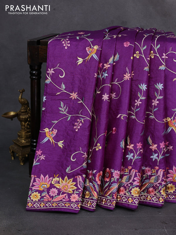 Purple Pure Tussar Silk - Embroidery