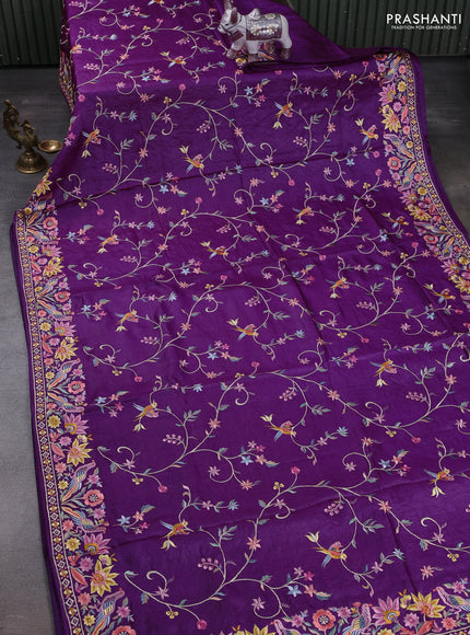 Purple Pure Tussar Silk - Embroidery