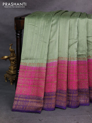 Pastel Green & Violet Banarasi Raw Silk Saree - Buttas
