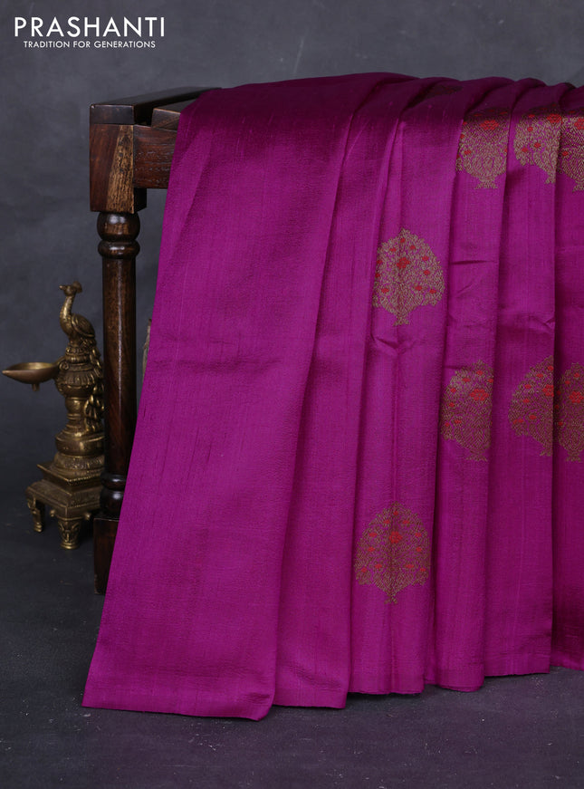 Magenta Pink & Blue Banarasi Raw Silk Saree - Buttas