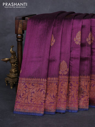 Wine  & Navy Blue Banarasi Raw Silk Saree - Buttas