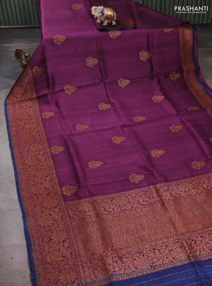Wine  & Navy Blue Banarasi Raw Silk Saree - Buttas