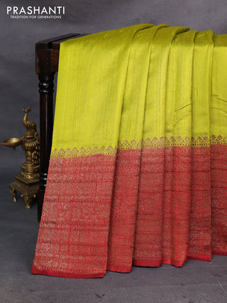 Lime Yellow & Maroon Banarasi Raw Silk Saree