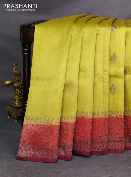 Lime Yellow & Maroon Banarasi Raw Silk Saree - Buttas