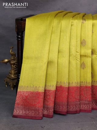 Lime Yellow & Maroon Banarasi Raw Silk Saree - Buttas