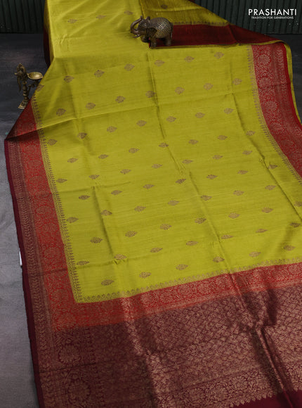 Lime Yellow & Maroon Banarasi Raw Silk Saree - Buttas