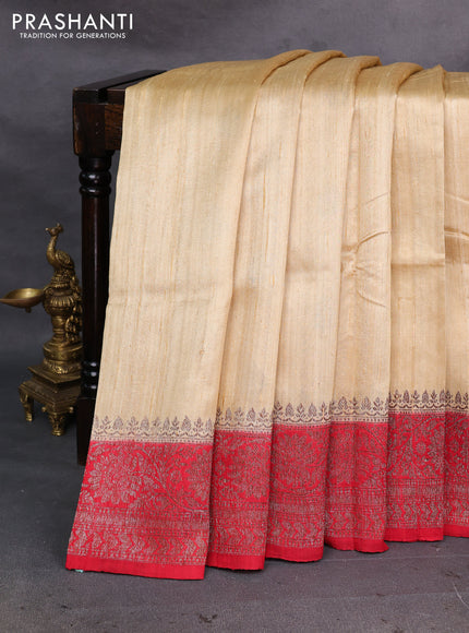 Cream & Red Banarasi Raw Silk Saree - Buttas