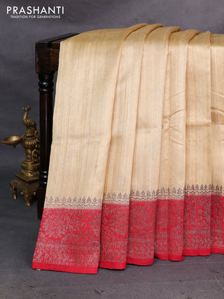 Cream & Red Banarasi Raw Silk Saree - Buttas