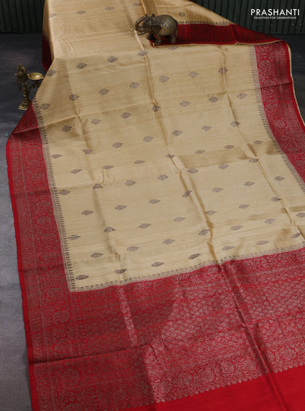 Cream & Red Banarasi Raw Silk Saree - Buttas