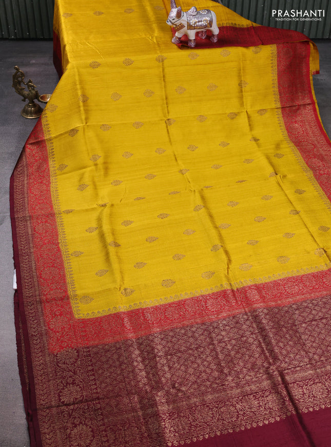 Yellow & Maroon Banarasi Raw Silk Saree - Buttas