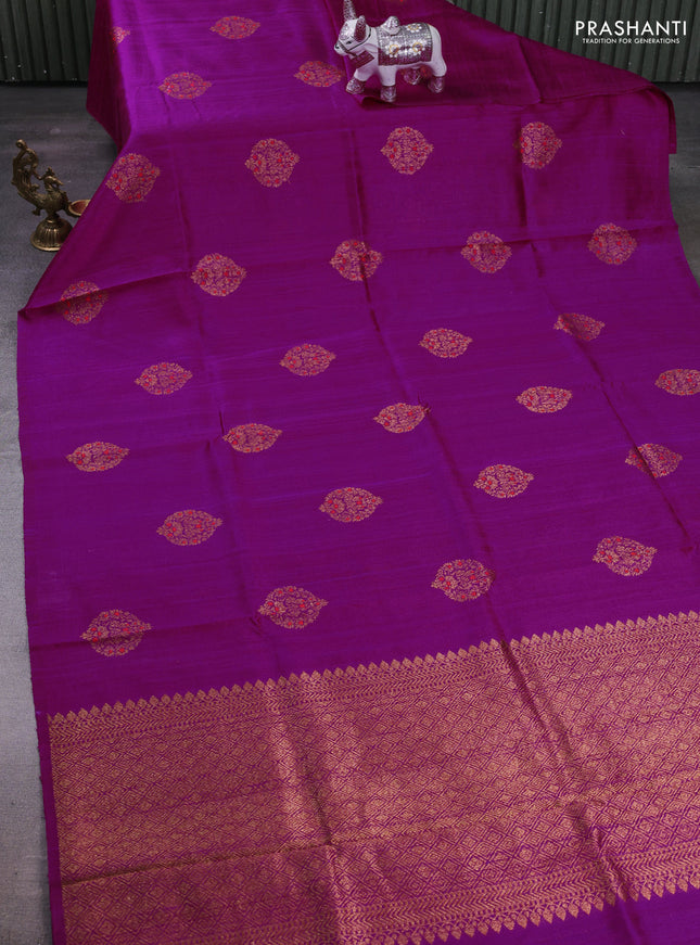 Magenta Pink & Blue Banarasi Raw Silk Saree - Buttas