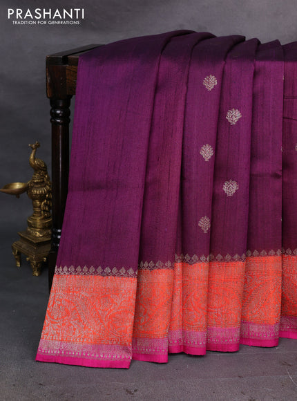 Wine  & Pink Banarasi Raw Silk Saree - Buttas