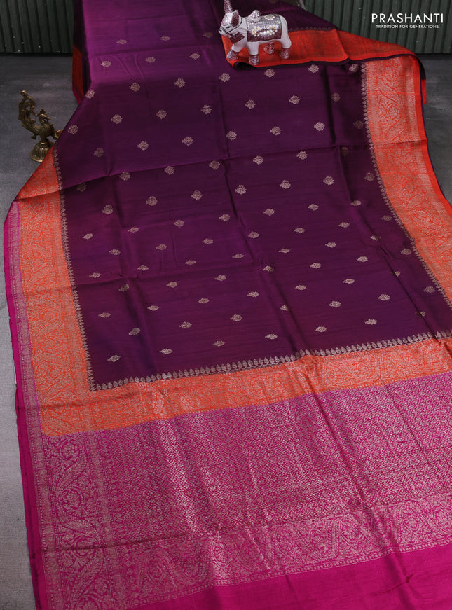 Wine  & Pink Banarasi Raw Silk Saree - Buttas