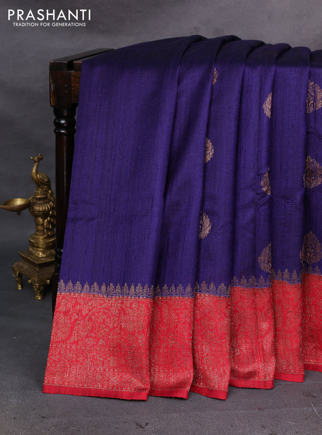 Blue & Red Banarasi Raw Silk Saree - Buttas