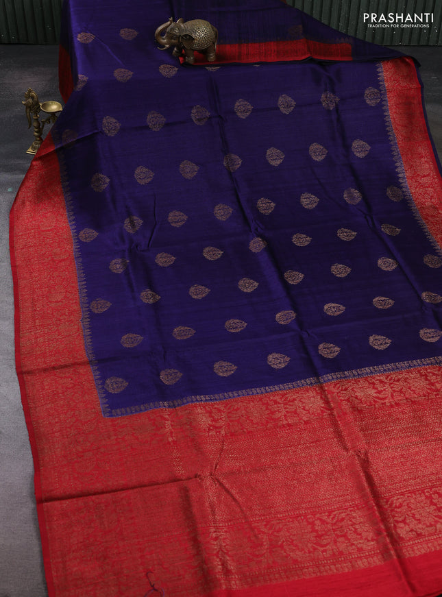 Blue & Red Banarasi Raw Silk Saree - Buttas