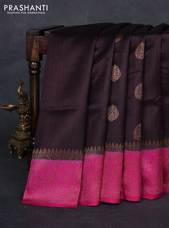 Wine  & Pink Banarasi Raw Silk Saree - Buttas