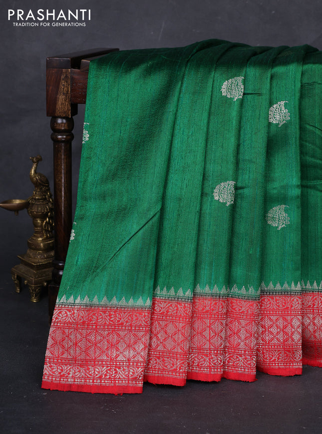 Green & Red Banarasi Raw Silk Saree - Buttas
