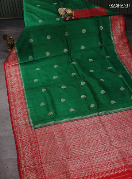 Green & Red Banarasi Raw Silk Saree - Buttas
