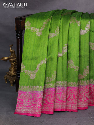 Green & Pink Banarasi Raw Silk Saree - Weaves