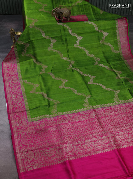 Green & Pink Banarasi Raw Silk Saree - Weaves