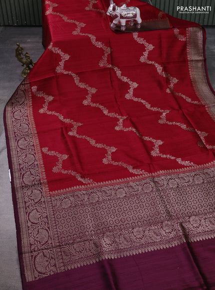 Red & Wine Shade Banarasi Raw Silk Saree - Weaves