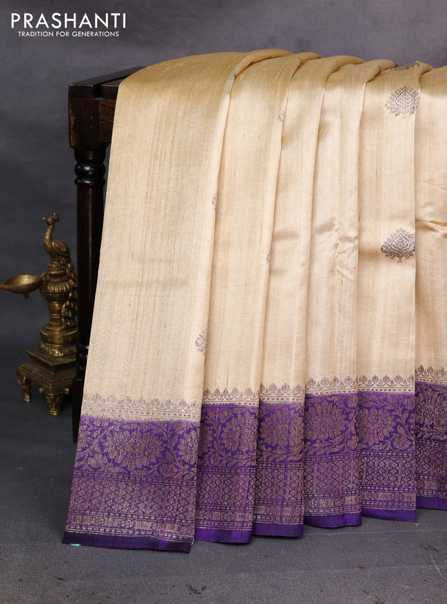 Cream & Violet Banarasi Raw Silk Saree - Buttas