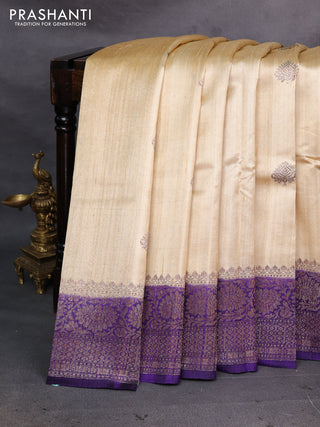 Cream & Violet Banarasi Raw Silk Saree - Buttas